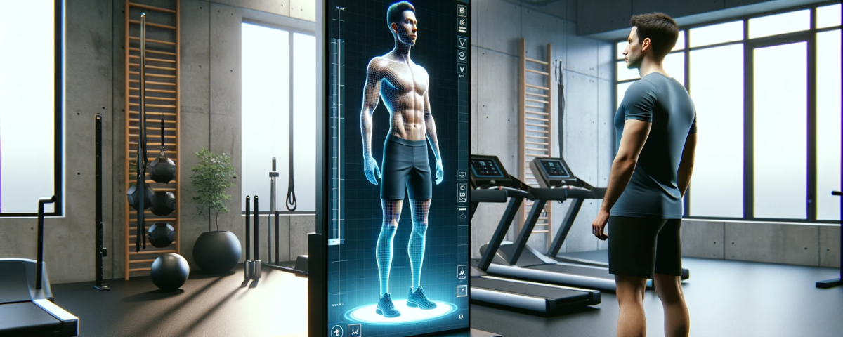 DALL·E 2023-12-10 19.45.24 - A photo-realistic image depicting a personal trainer comparing themselves with an AI Virtual Double for the fitness website 'Vitness'. The scene shows